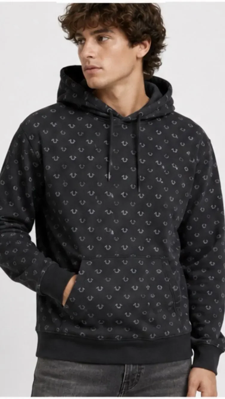 True Religion Men’s Medium Black Monogram Pullover Hoodie Horseshoe Logo